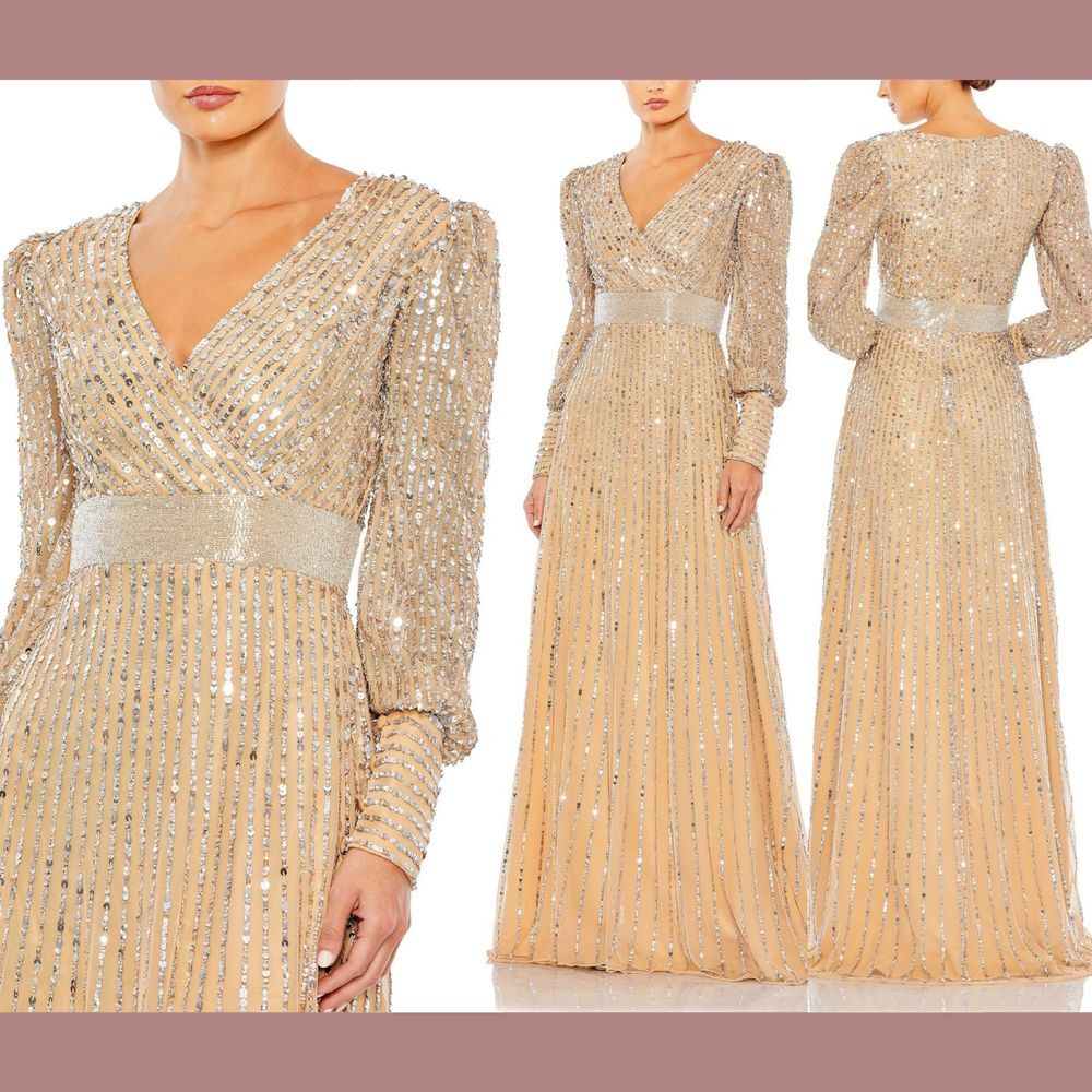 NWT $598 Mac Duggal [ 20 ] Sequined Wrap Over Bishop Sleeve Gown Vanilla‎ #S1007